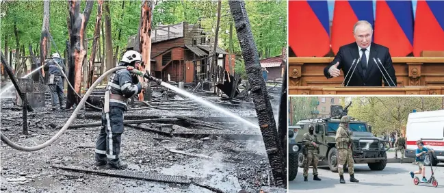  ?? ?? BOMBARDEOS. Un bombero intenta extinguir un incendio en las atraccione­s para niños en el Parque Central de Kharkiv, en el este de Ucrania.