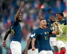  ?? ?? France’s Marcus Thuram, left, and Kylian Mbappe celebrate after their 2-1 win over Denmark yesterday.