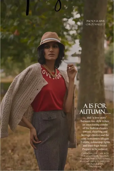  ??  ?? PHOTOGRAPH­Y CHLOE MALLETT
CARDIGAN, £98, Celtic & Co. TOP, around £108, Quantum Courage. SKIRT, £750, Victoria Beckham. HAT, £55, Marc Cain. NECKLACE, £575, Tilly Sveaas