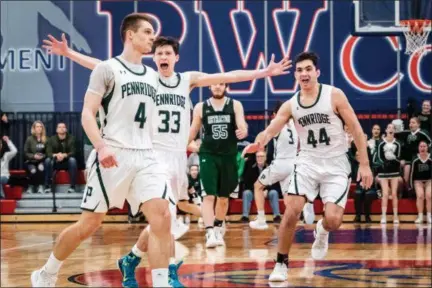  ?? JAMES BEAVER — FOR MEDIANEWS GROUP ?? Jack Gillespie (33) and Jonathan Post (44) rush to embrace Sean Yoder (4) after he drains a 3-pointer at the buzzer to give Pennridge a 50-47 victory over Methacton in Saturday’s PIAA Class 6A quarterfin­al at Plymouth Whitemarsh High School.