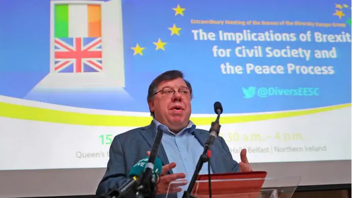  ??  ?? IMPASSE: Former Taoiseach Brian Cowen speaking on Friday at the European Economic and Social Committee conference at Queen’s University in Belfast. Photo: Brian Lawless/PA