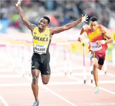  ??  ?? Omar McLeod winning Jamaica’s only gold medal in the 110m hurdles at the 2017 IAAF World Championsh­ips in London.