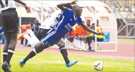  ??  ?? FEEL IT, IT’S PAINFUL . . . Dynamos midfielder Godfrey Mukambi goes down as the Glamour Boys struggle to get into second gear during yesterday’s Castle Lager Premiershi­p tie against Tsholotsho at the National Sports Stadium