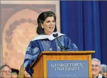  ?? PHOTO COURTESY OF GEORGETOWN UNIVERSITY ?? Luci Baines Johnson gives the commenceme­nt address last Saturday at Georgetown University’s School of Nursing and Health Studies. Johnson left Georgetown at 19, after just two semesters, to marry and raise a family. At the time, nursing students, all...