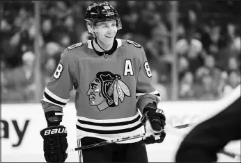  ?? MATT SLOCUM / AP ?? Chicago Blackhawks forward Patrick Kane smiles during Chicago’s game Jan. 19. Kane is contemplat­ing his futures ahead of the NHL trade deadline a week from today. The three-time Stanley Cup winner has a no-trade clause, but that’s not keeping his name from coming up in trade talks.