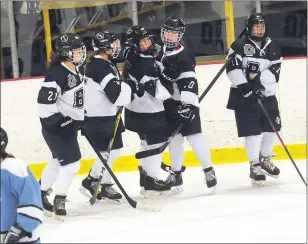  ?? Photos by Ernest A. Brown ?? The Burrillvil­le/Bay View co-op hockey team celebrates Diana Poland’s (13, right) game-tying goal in the second period of the Broncos’ 3-2 series-opening win over No. 5 South County Saturday.