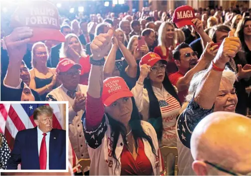  ?? ?? Full support: Trump supporters cheering for the former president as he announces his run for the presidency for the third time at mar-a-lago in Palm beach, Florida. (Inset) Trump standing on a stage with his wife and former first lady melania Trump.