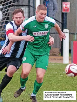  ?? ?? Action from Shepshed Dynamo’s clash with Bedford United. Pictures by Danny Pole.