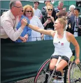 ??  ?? n WELL DONE: Jordanne Whiley celebrates with supporters after winning the Wimbledon doubles title earlier this year