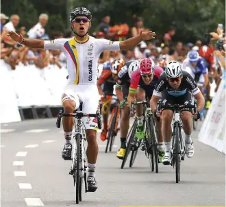  ??  ?? Gaviria, who beat Cavendish at the Tour de San Luis in 2015, was found by Matxin