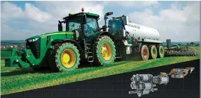  ??  ?? John Deere is met goud bekroon vir sy elektries-meganiese e8WD-ratkas wat ook 100 kW elektrisit­eit lewer waarmee hierdie misstrooie­r aangedryf word.