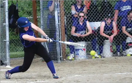  ?? Photo by Ernest A. Brown ?? Cumberland senior centerfiel­der Allie Pina, pictured), was the star of the No. 8 Clippers’ 6-5 comeback victory over North Kingstown Tuesday afternoon. Pina scored a run in the sixth, drove in the game-tying run in the seventh and scored the...