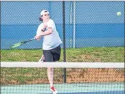  ?? Courtney Couey, Ringgold Tiger Shots ?? Camden Tunnell returns a shot during a recent match. Tunnell picked up a victory at No. 1 singles to help Ringgold score a victory over Lafayette last week. The Region 6- AAA tournament is slated to be held in Dalton this week.