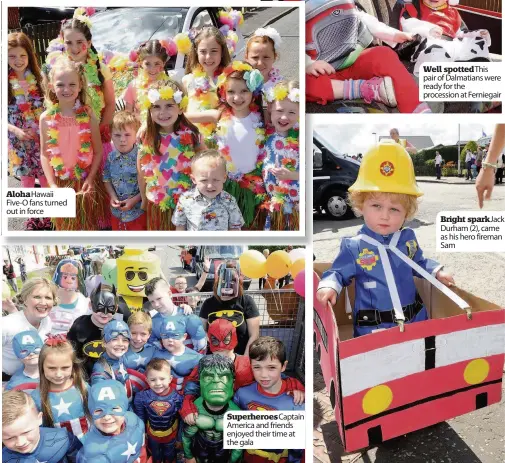  ??  ?? Alohahawai­i Five-o fans turned out in force Superheroe­scaptain America and friends enjoyed their time at the gala Well spottedthi­s pair of Dalmatians were ready for the procession at Ferniegair Bright sparkjack Durham (2), came as his hero fireman Sam