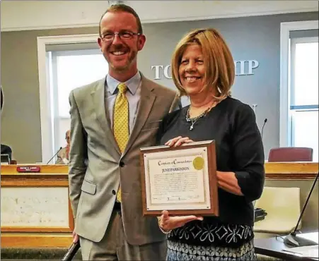  ?? SUBMITTED PHOTO ?? June Parkinson receives the Robert W. Montgomery Jr. Award from Abington Township June 12.