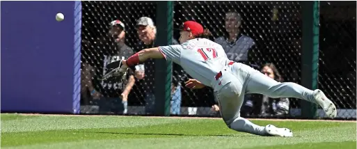  ?? MELISSA TAMEZ/AP ?? Reds outfielder Stuart Fairchild makes a diving catch on a ball in the gap during the fourth inning Saturday against the White Sox.