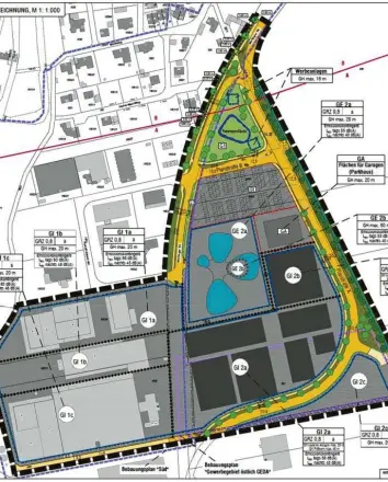  ?? Plan: Gemeinde Asbach‰Bäumenheim/Bauamt ?? So sieht der Bebauungsp­lan der Mertinger Straße aus. Die geschwunge­nen Gebäude in der Mitte stellen den geplanten Neubau von Geda dar.