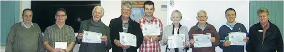  ??  ?? Award winners at the recent 3BBR AGM: Ted Coad, Tom McGhee (special contributi­on), Lawrence Mitchell (15 years), David Piggin (20 years), Tom Beauchamp, Joan Harrison (5 years), Robert Stewart, Sam Horner (10 years), Tim Wills, Chair of Committee for...