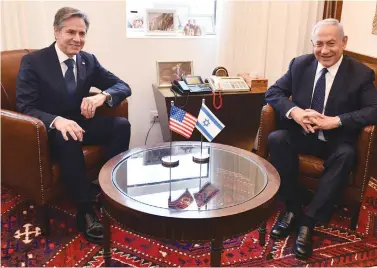  ?? (Haim Zach/GPO via Getty Images) ?? US SECRETARY OF STATE Antony Blinken meets in Jerusalem with Prime Minister Benjamin Netanyahu on the first leg of his four-day trip to the Middle East last month.