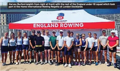  ?? ?? Harvey Burford (eighth from right at front) with the rest of the England under-18 squad which took part in the Home Internatio­nal Rowing Regatta at London Docklands