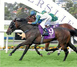  ?? TRISH DUNELL. ?? Coldplay in the Waikato Stud colours overcomes Ronchi to win the Eagle Technology Stakes.