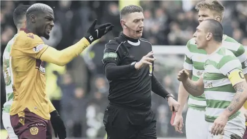  ??  ?? 0 Referee Craig Thomson is the man in the middle again as Cedric Kipre, left, argues with Scott Brown.
PICTURE: CRAIG FOY/SNS