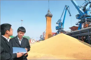  ?? ZHU YUANLI / FOR CHINA DAILY ?? Two officials from Shandong Inspection and Quarantine Bureau check imported soybeans at Rizhao port, Shandong province.