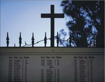  ?? Photograph­s by Jonathan Bachman For The Times ?? ST. ANNA’S Episcopal Church in New Orleans lists local homicide victims, most of them shot to death.