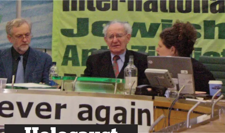  ??  ?? Offensive: Corbyn with Auschwitz survivor and anti-Zionist activist Hajo Meyer, third from left, at the 2010 meeting in the Commons