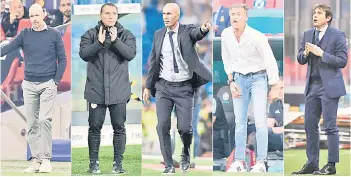  ?? — AFP file photo ?? A combinatio­n of pictures shows (from left) Ajax Amsterdam’s Dutch head coach Erik Ten Hag in Amsterdam on Sept 28, 2021, Leicester City’s Northern Irish manager Brendan Rodgers in Leeds on Nov 2, 2020, then-Real Madrid’s French coach Zinedine Zidane in Madrid, on Sept 25, 2019, Spain’s coach Luis Enrique in Copenhagen on June 28, 2021 and thenInter Milan’s Italian coach Antonio Conte in Milan on Dec 20, 2020.