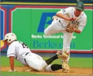  ?? BARRY TAGLIEBER — FOR DIGITAL FIRST MEDIA ?? Methacton’s Dave Carr tries to tag out Berks Catholic’s Christian Dekker as he slides into second.