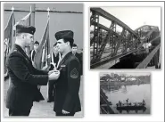  ?? SUBMITTED PHOTOS ?? Left: Sergeant James Dougherty is presented the Silver Star. Top right: The Troui (pronounced Troy) Bridge a few weeks after it was destroyed by NVA sappers. According to Jim Latta,”There was a Marine machine gun posted between stone piling and the steel structure of the bridge. This was designed to protect the bridge from waterborne demolition by sappers (special or elite assault troops). When sappers attacked they did not come by water. They overran the bridge defenses and then ran to the center of the bridge where they set off the charges. The bridge collapsed on the Marines in the gun pit underneath and crushed them to death.” Bottom Right: Jim Latta took this photo from the Troui Bridge facing north and shows the old French fort with the watch tower. The boat is returning from patrol with a deceased NVA solider aboard.