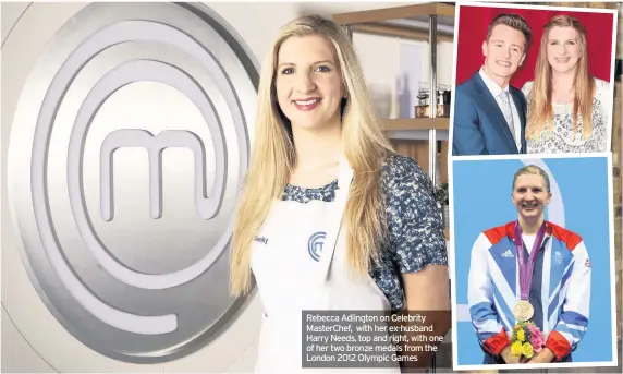  ??  ?? Rebecca Adlington on Celebrity MasterChef, with her ex-husband Harry Needs, top and right, with one of her two bronze medals from the London 2012 Olympic Games