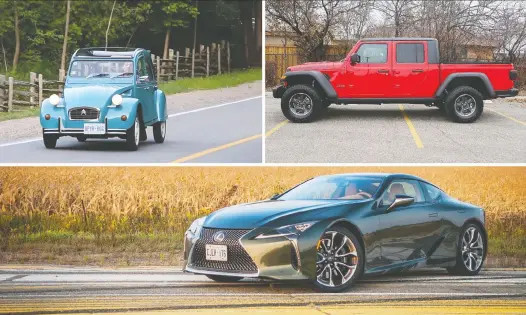  ?? CLAYTON SEAMS/JIL MCINTOSH/NICK TRAGIANIS/DRIVING ?? The Citroen 2CV, top left, Jeep Gladiator, top right, and Lexus LC 500 were all chosen as favourite vehicles driven in 2020.