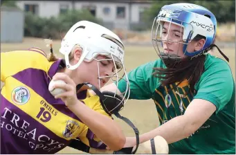  ??  ?? Lauren Murphy of Wexford is held up by Meath’s Aisling Byrne.