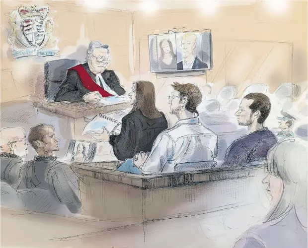  ?? ALEXANDRA NEWBOULD / THE CANADIAN PRESS ?? Linda Babcock, bottom right, sits behind defendants Dellen Millard and Mark Smich in this courtroom sketch from their sentencing hearing in Toronto on Monday. On the court screen are photos of the two victims, Linda’s daughter Laura Babcock, and Tim...