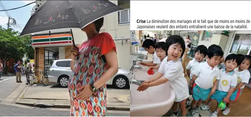  ??  ?? Crise La diminution des mariages et le fait que de moins en moins de Japonaises veulent des enfants entraînent une baisse de la natalité. Matahara Considérée comme non productive par son employeur, 1 jeune mère sur 3 est aujourd’hui encore poussée vers la sortie.