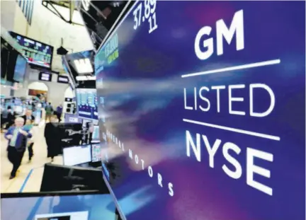  ?? (Photo: AP) ?? In this April 23, 2018 file photo, the logo for General Motors appears above a trading post on the floor of the New York Stock Exchange. General Motors’ net profit fell 4.5 per cent in 2020, but a strong second half more than offset the effects of pandemic-related factory closures and a costly air bag recall. The Detroit automaker said yesterday it made US$6.43 billion as demand for its vehicles surged late in a year dominated by coronaviru­s upheaval.