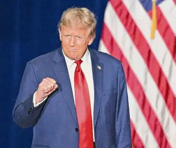  ?? Jim WATSON/AFP/TNS ?? Former president and Republican presidenti­al hopeful Donald Trump arrives at a watch party during the 2024 Iowa Republican presidenti­al caucuses in Des Moines, Iowa, on Monday.