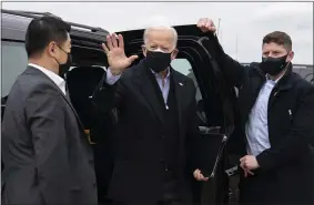  ?? CAROLYN KASTER - THE ASSOCIATED PRESS ?? President-elect Joe Biden arrives to board his plane at New Castle Airport in New Castle, Del., Monday en route to Atlanta to campaign for Georgia Democratic candidates for U.S. Senate, Rev. Raphael Warnock and Jon Ossoff.