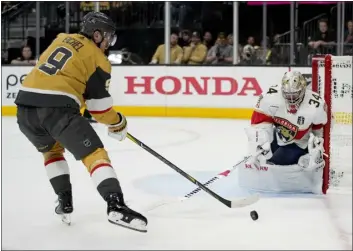  ?? JOHN LOCHER — THE ASSOCIATED PRESS ?? Florida Panthers goaltender Sergei Bobrovsky stops a shot by Vegas Golden Knights center Jack Eichel during the second period Monday. Eichel, a North Chelmsford native, leads the NHL playoffs with 16assists.