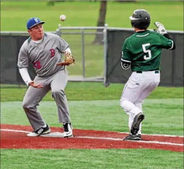  ?? RANDY MEYERS -- THE MORNING JOURNAL ?? The ball gets away from Peter Cooper of Bay at first base and Tony LoParo of Elyria Catholic reaches safely.