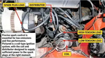  ??  ?? SPARK PLUG LEAD DISTRIBUTO­R Precise spark control is essential for low emissions and fine performanc­e. Pictured is a coil-type ignition system, with the coil and distributo­r designed to supply sufficient power to the spark plugs at the right moment. COIL HIGH-TENSION LEAD LOW-TENSION LEAD