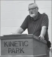  ?? Photo by Matthew Liebenberg ?? Finance Chair Stan Aikens presents the financial report for 2019 at the Ag & Ex annual meeting, March 3.