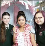  ??  ?? Niamh O’Connor, Phoebe Tila Tablason and Roberta Pop from St Kilian’s Community School with ‘Less Stress More Success’, which has qualified for the regional final.