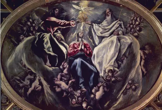  ??  ?? EL GRECO, SALVADO. Este óleo ( La Coronación de la Virgen), pintado por el Greco, fue uno de los cinco lienzos del artista cretense rescatados de la cueva del Santuario de La Caridad de Illescas, Toledo. Las telas se encontraba­n en un avanzado estado de deterioro debido a la humedad.