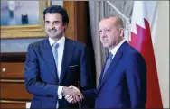  ?? KAYHAN OZER / TURKISH PRESIDENTI­AL PALACE VIA REUTERS ?? Turkish President Tayyip Erdogan meets with Emir of Qatar Sheikh Tamim bin Hamad al-Thani in Ankara, Turkey, on Wednesday.