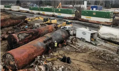  ?? ?? The aftermath of a Norfolk Southern freight train derailment in East Palestine, Ohio. Photograph: Tannen Maury/EPA