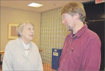  ?? GREG MCNEIL/CAPE BRETON POST ?? Christiane Tanner and Sean Howard chat during a break in Monday’s ‘Ban the Bomb: Which side are We On?’ discussion at Cape Breton University.