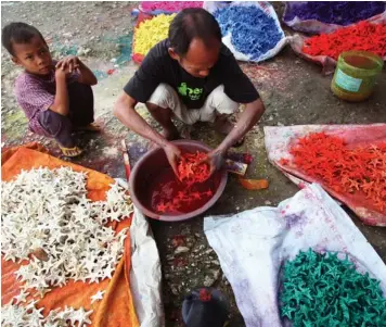  ?? JOY TORREJOS ?? A man dries his catch of starfishes as his son looks on. Starfish is one of the raw materials used in shell craft factories for fashion accessorie­s.